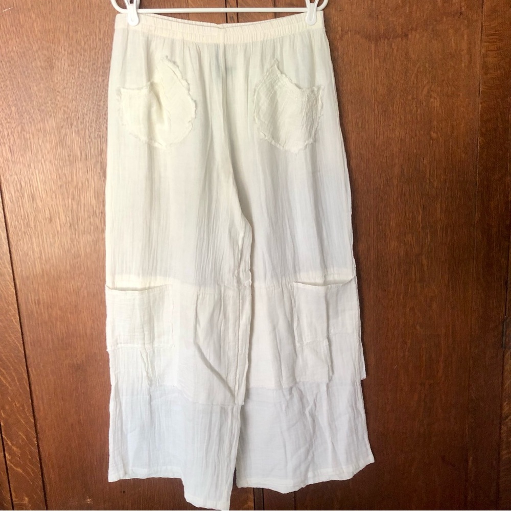 Lightweight White Cream Gauze Wide-Leg Pants XL etc pockets Cotton flowy comfort